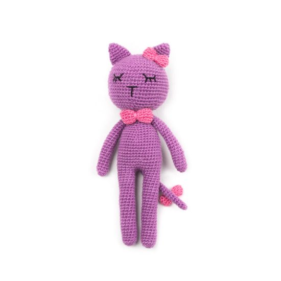 Crocheted Soft Toy - Purple Cat, 17 cm