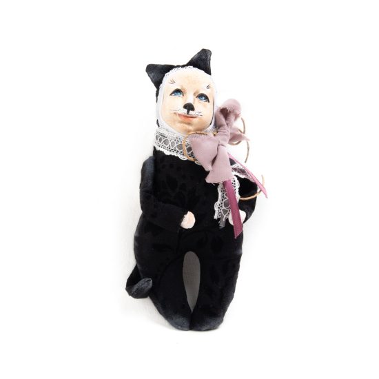 Doll in Black Cat Costume with Pink Bow