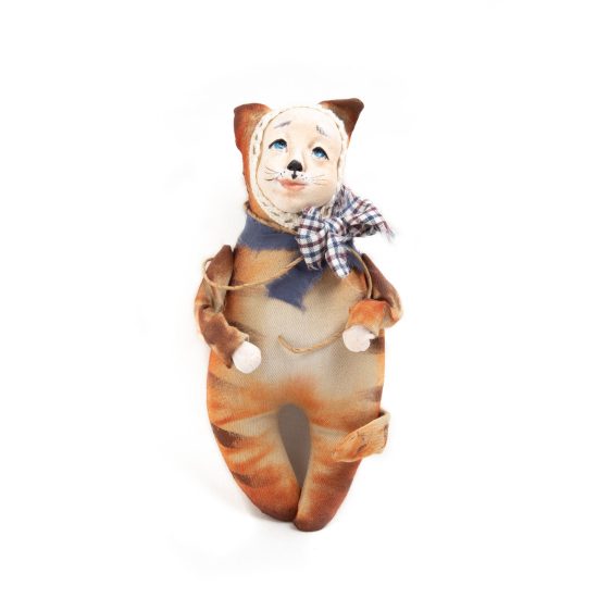 Doll in Brownish Cat Costume with Checkered Bow, 18 cm