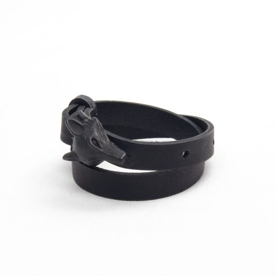 Genuine Leather Bracelet with Black Wolf