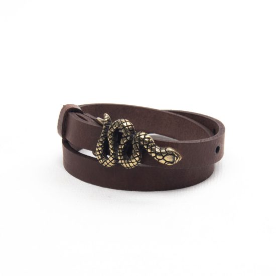 Genuine Leather Bracelet with Bronze Snake