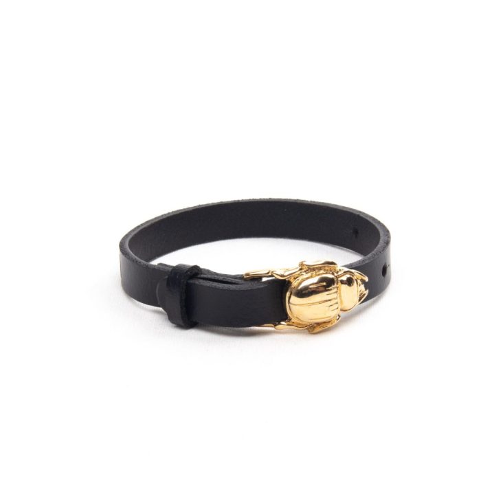 Genuine leather bracelet with golden scarab