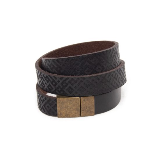 Triple Wrap Leather Bracelet Lielvardes Belt Pattern, Brown