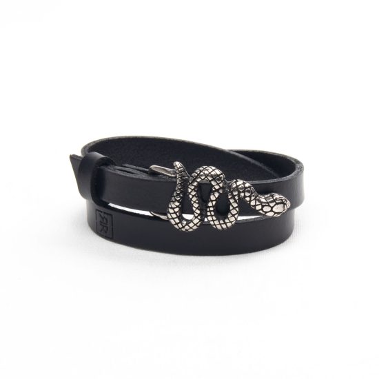 Genuine Leather Bracelet with Silver Snake