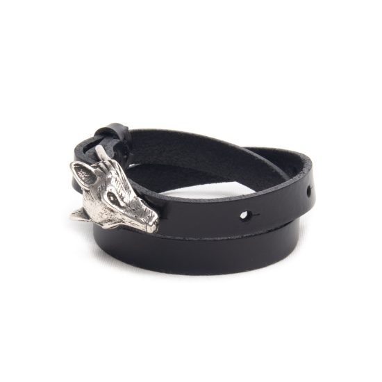 Genuine Leather Bracelet with Silver Wolf