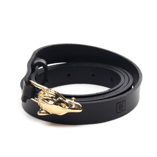 Genuine Leather Skinny Belt with Golden Color Wolf