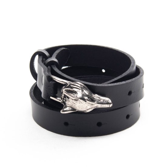 Genuine Leather Skinny Belt with Silver Color Wolf