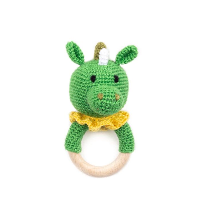 Teether / rattle - green dragon, Ø 5.5 cm