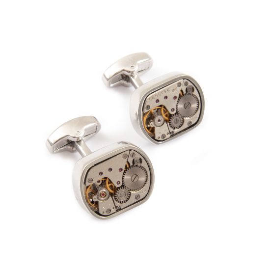Cufflinks with Watch Mechanism, Rectangle, Silver Color