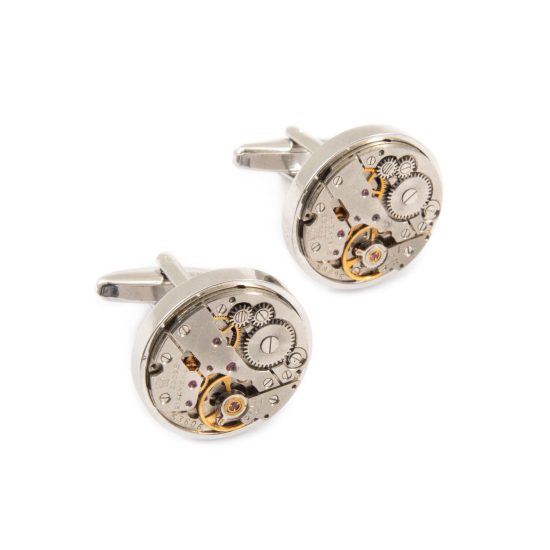 Cufflinks with Watch Mechanism, Round, Silver Color