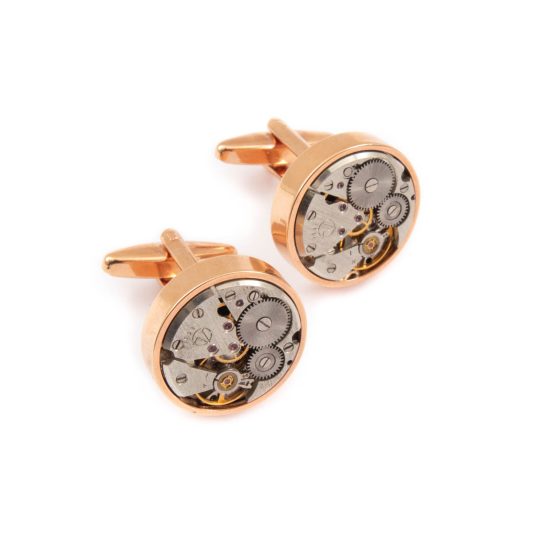 Cufflinks with Watch Mechanism, Round, Rose Gold Color