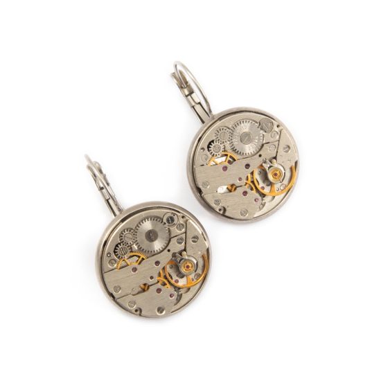 Earrings with Watch Mechanism, Round, Silver Color