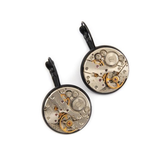 Earrings with Watch Mechanism, Round, Black