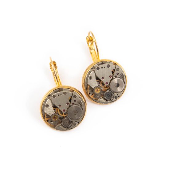 Earrings with Watch Mechanism, Round, Gold Color