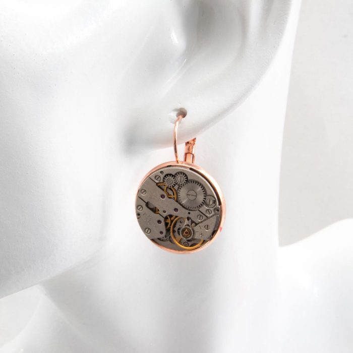 Earrings with watch mechanism, round, rose gold color