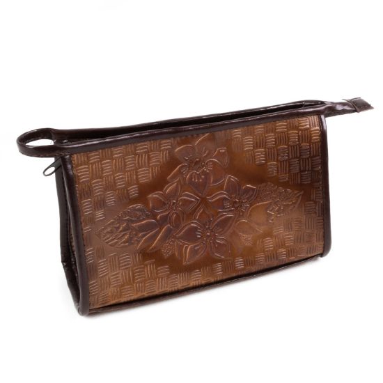 Genuine Leather Makeup Bag with Flowers, 12.5x20 cm