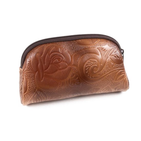 Genuine Leather Makeup Bag with Flowers, 12x19 cm