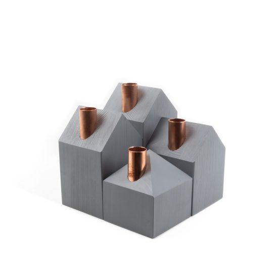 House-shaped Pinewood Candle Holders, Grey