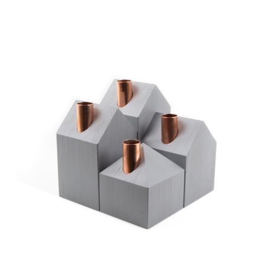 House-shaped Pinewood Candle Holders, Light Grey