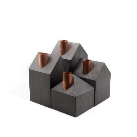 House-shaped Pinewood Candle Holders, Metallic Black