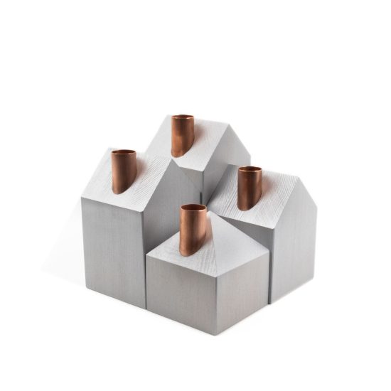 House-shaped Pinewood Candle Holders, Metallic Silver