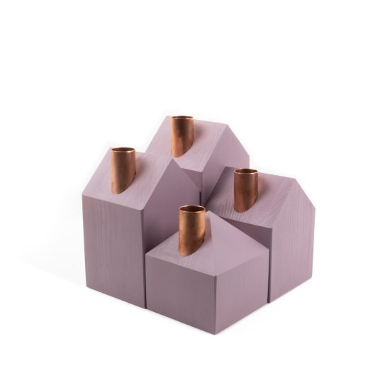 House-shaped Pinewood Candle Holders, Pastel Violet