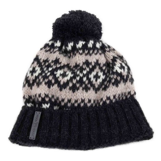 Knitted Wool Hat with Pattern and Pom Pom, Rollup Edge, Black