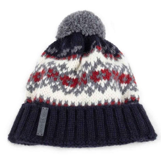 Knitted Wool Hat with Pattern and Pom Pom, Rollup Edge, Navy Blue