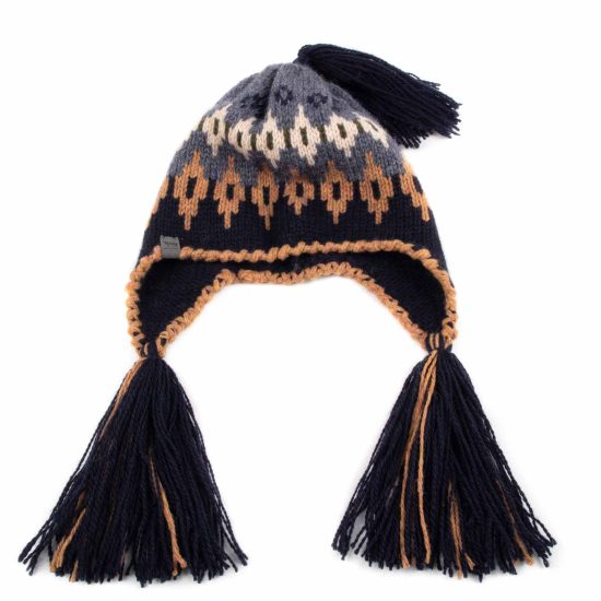 Knitted Wool Hat with Pattern and Tassels, Multicolor