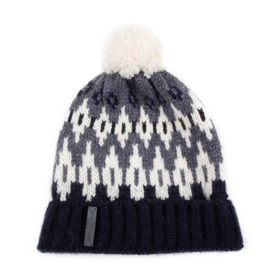 Knitted Wool Hat with Pattern and Pom Pom, Rollup Edge, Dark Blue