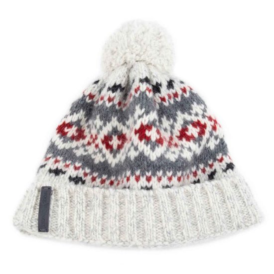 Knitted Wool Hat with Pattern and Pom Pom, Rollup Edge, White
