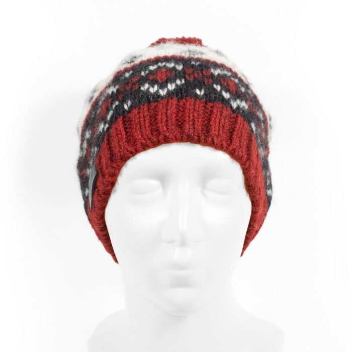 Knitted wool hat with pattern and pom pom, white