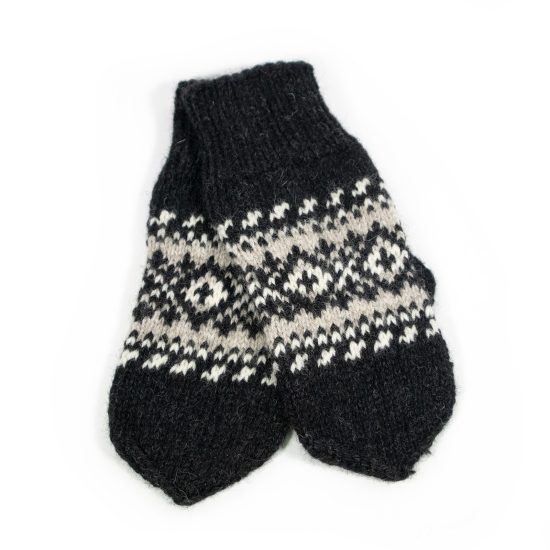 Knitted Wool Mittens with Multicolor Pattern, Black