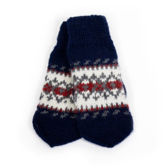 Knitted Wool Mittens with Multicolor Pattern, Navy Blue