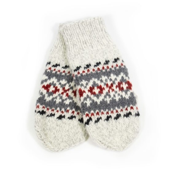 Knitted Wool Mittens with Multicolor Pattern, White