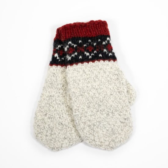 Knitted Wool Mittens with Multicolor Pattern, White