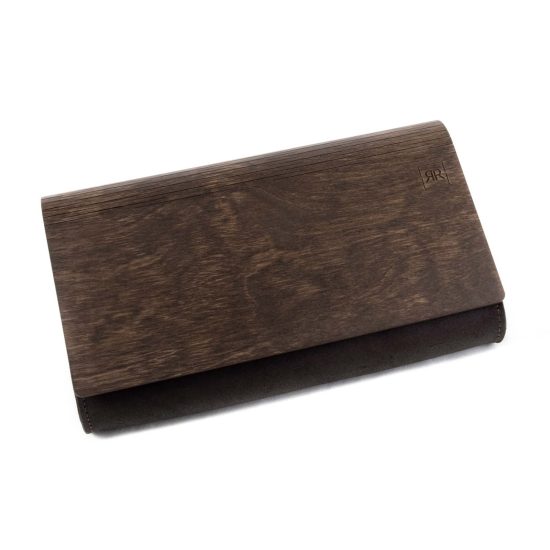 Leather and Wood Clutch Bag, Dark Brown