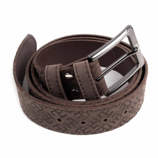 Leather Belt with Fire Cross Pattern, Brown