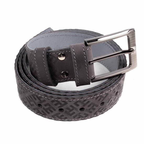 Leather Belt with Fire Cross Pattern, Grey