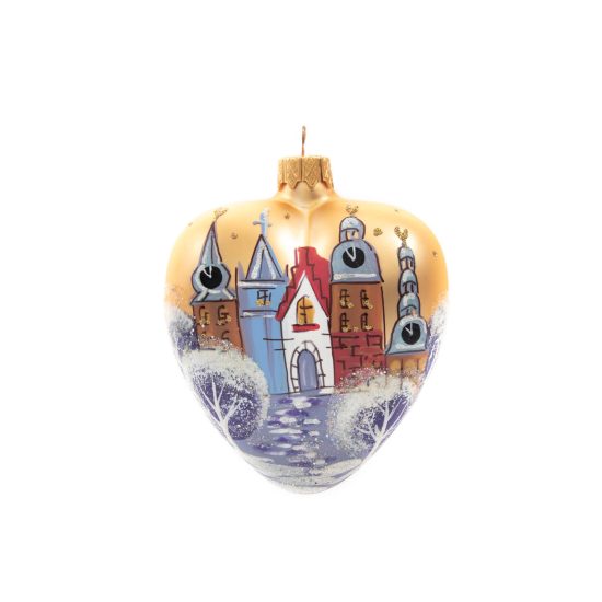 Christmas Tree Ball "Riga - Old Town", Heart-shaped, Gold Color