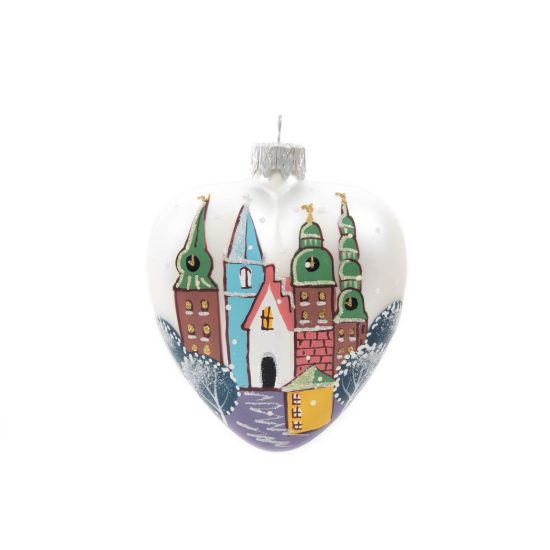 Christmas Tree Ball "Riga - Old Town", Heart-shaped, White