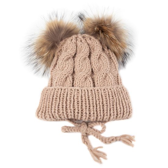 Kids Knitted Wool Hat with Pom Poms, Beige