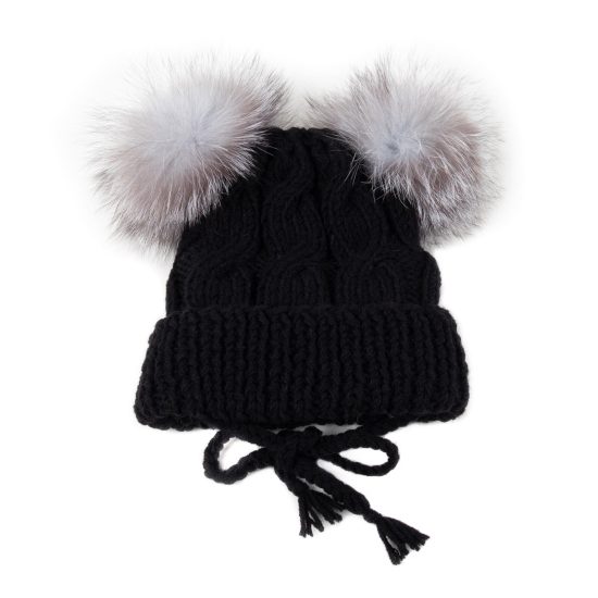 Kids Knitted Wool Hat with Pom Poms, Black