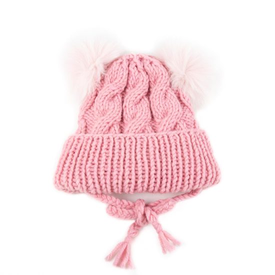Kids Knitted Wool Hat with Pom Poms, Pink