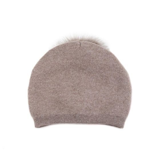 Knitted Cashmere Hat with Fur Pom Pom, Dark Beige