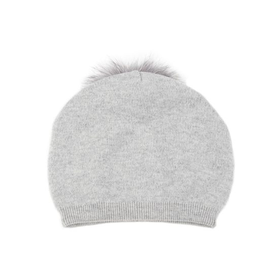 Knitted Cashmere Hat with Fur Pom Pom, Light Grey