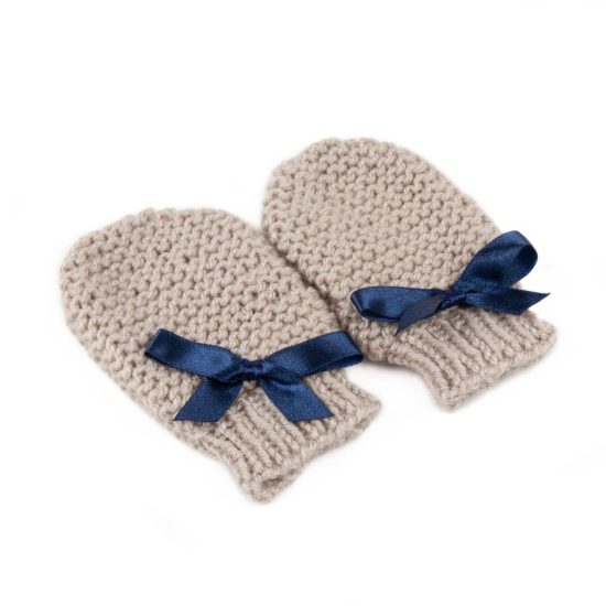 Knitted Mittens For Kids, Beige With Blue Ribbons