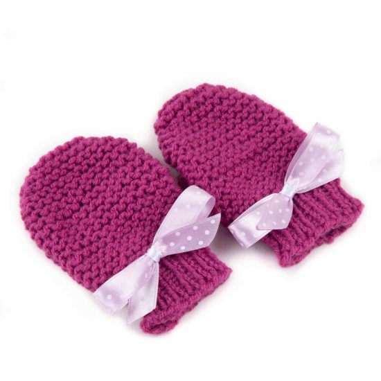 Knitted Mittens for Kids, Dark Pink with Purple Ribbons