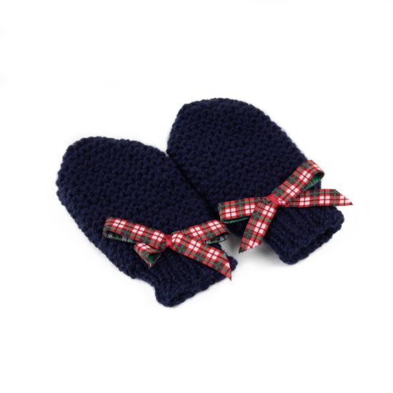 Knitted Mittens for Kids, Navy Blue with Colorful Ribbons