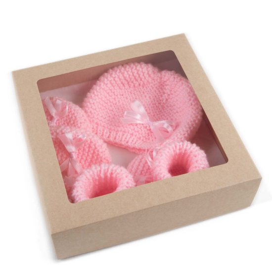 Knitted Set for Babies - Hat, Mittens and Boots, Pink with Pink Ribbons